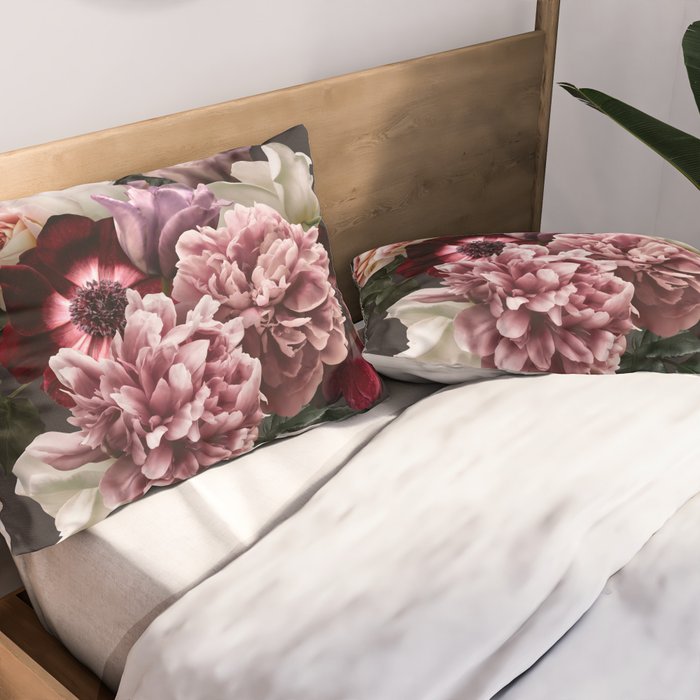 Vintage flowers bouquet. Peony, roses, anemone on dark moody background. Pillow Sham Gallery Image 2