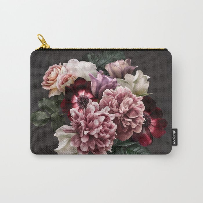 Vintage flowers bouquet. Peony, roses, anemone on dark moody background. Carry All Pouch Gallery Image 1