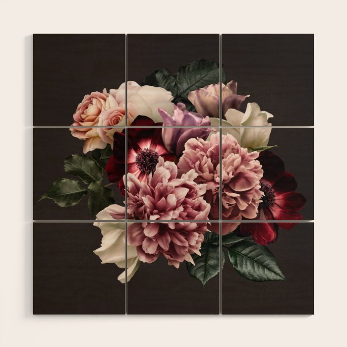 Vintage flowers bouquet. Peony, roses, anemone on dark moody background. Wood Wall Art Gallery Image 1