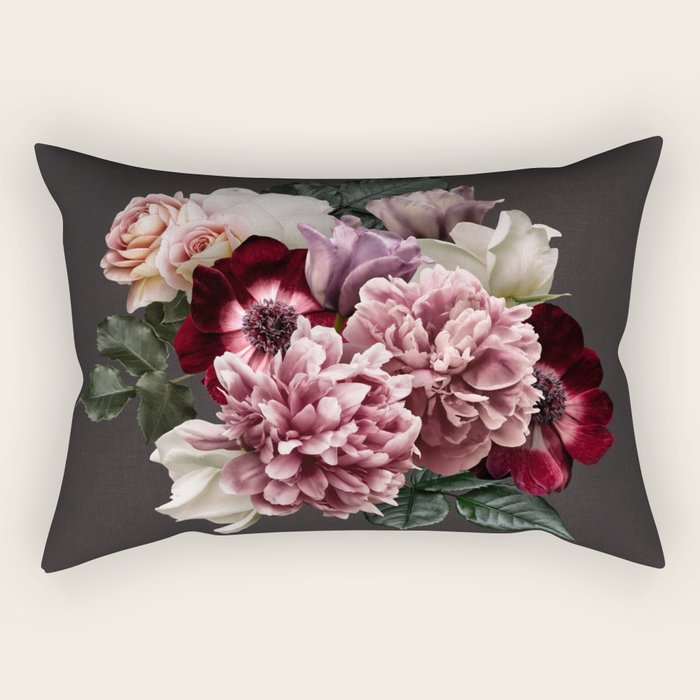Vintage flowers bouquet. Peony, roses, anemone on dark moody background. Rectangular Pillow Gallery Image 1