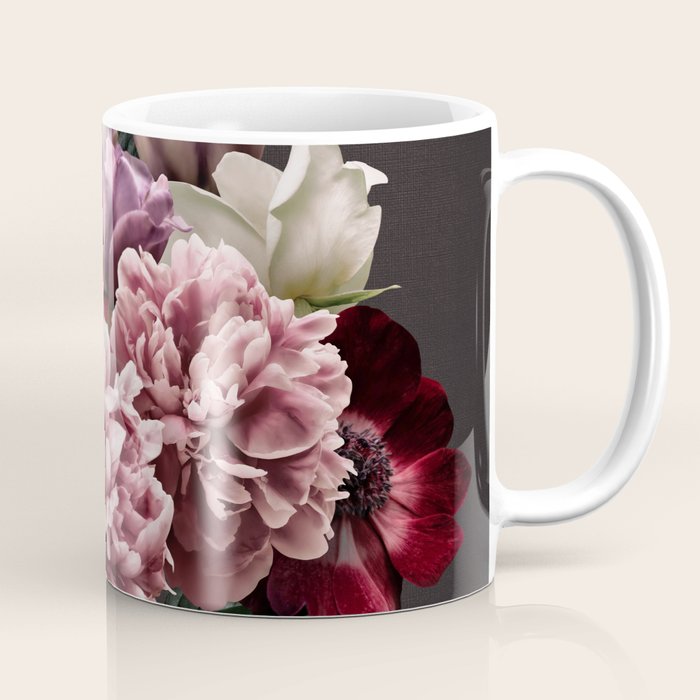 Vintage flowers bouquet. Peony, roses, anemone on dark moody background. Coffee Mug Gallery Image 1