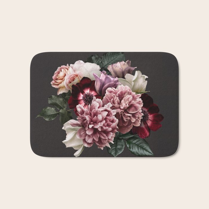 Vintage flowers bouquet. Peony, roses, anemone on dark moody background. Bath Mat Gallery Image 1