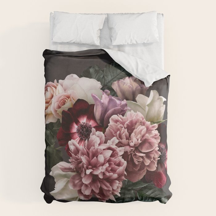 Vintage flowers bouquet. Peony, roses, anemone on dark moody background. Duvet Cover Gallery Image 1
