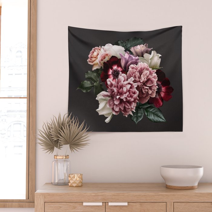 Vintage flowers bouquet. Peony, roses, anemone on dark moody background. Wall Tapestry Gallery Image 2