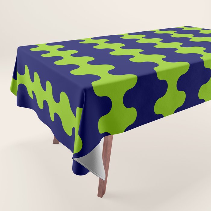 Wavy Stripes Lime Green and Navy Blue Ogee A-Go-Go Bold Retro Contemporary Pattern Tablecloth Gallery Image 1