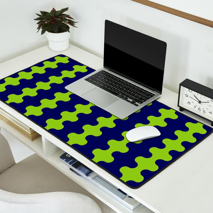 Wavy Stripes Lime Green and Navy Blue Ogee A-Go-Go Bold Retro Contemporary Pattern Desk Mat Gallery Image 2