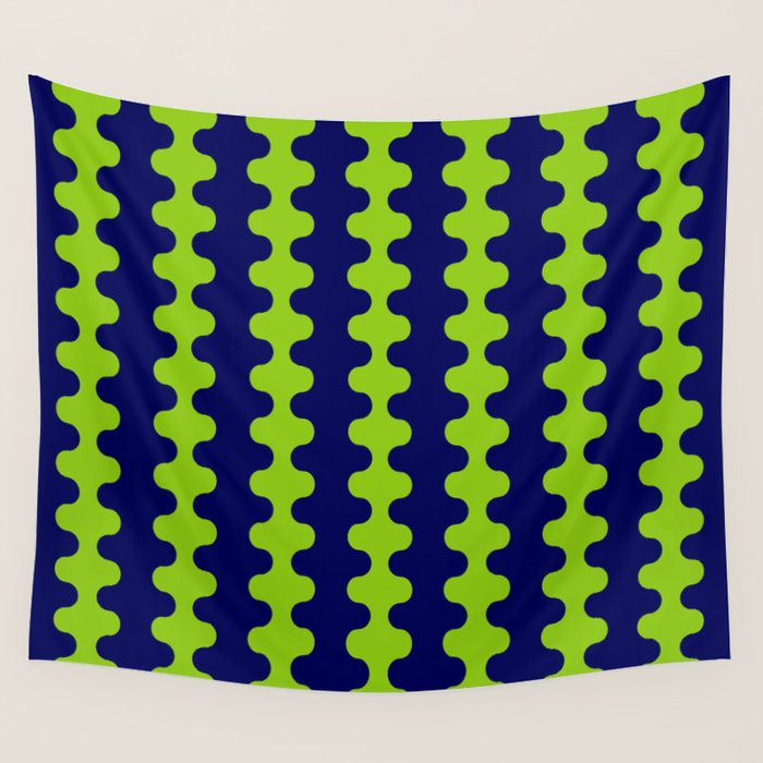 Wavy Stripes Lime Green and Navy Blue Ogee A-Go-Go Bold Retro Contemporary Pattern Wall Tapestry Gallery Image 1