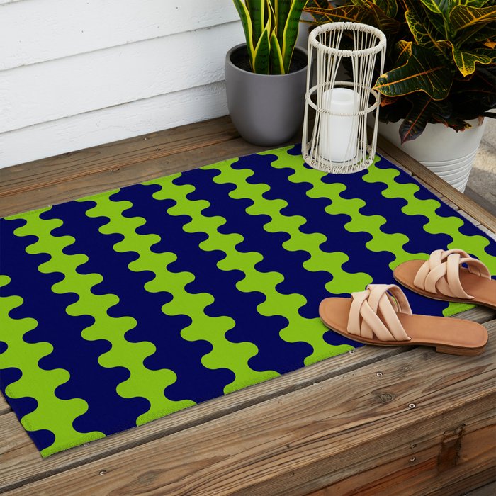 Wavy Stripes Lime Green and Navy Blue Ogee A-Go-Go Bold Retro Contemporary Pattern Outdoor Rug Gallery Image 2