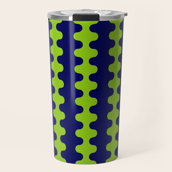 Wavy Stripes Lime Green and Navy Blue Ogee A-Go-Go Bold Retro Contemporary Pattern Travel Mug Gallery Image 1