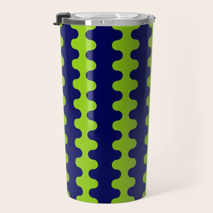 Wavy Stripes Lime Green and Navy Blue Ogee A-Go-Go Bold Retro Contemporary Pattern Travel Mug Gallery Image 3