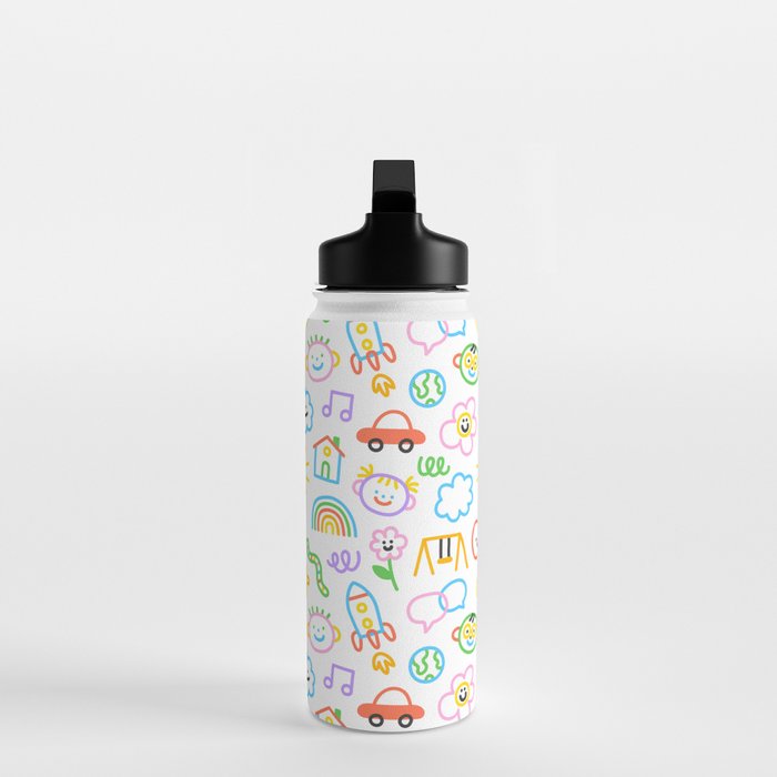 Colorful funny kid doodle art pattern Water Bottle Gallery Image 3