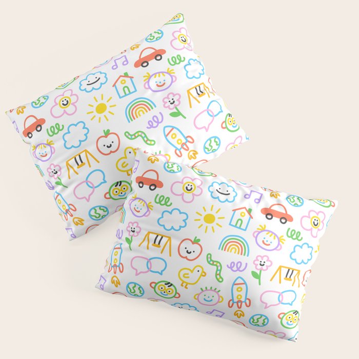 Colorful funny kid doodle art pattern Pillow Sham Gallery Image 1
