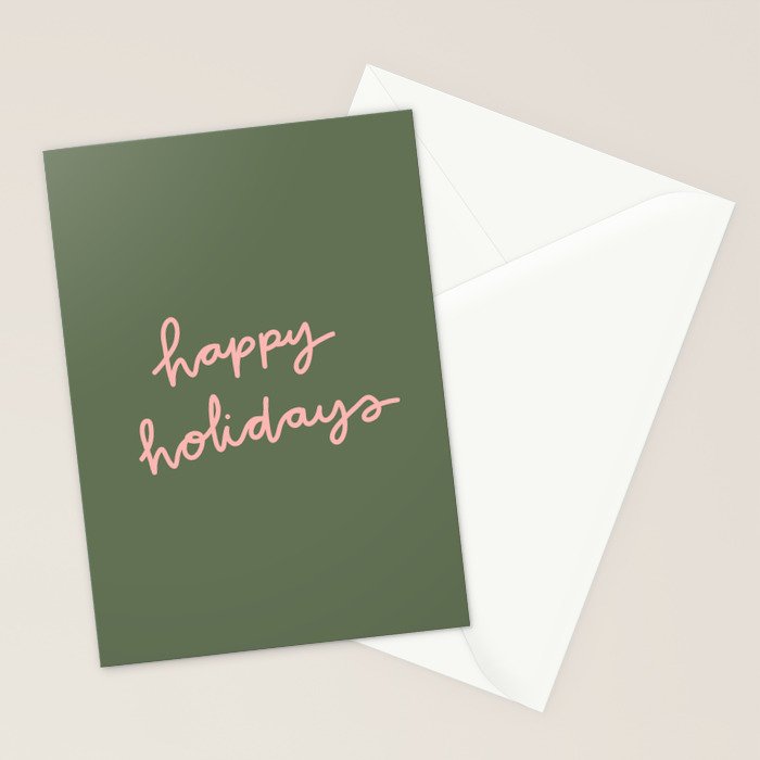 Happy Holidays Green & Pink Stationery Card Gallery Image 2