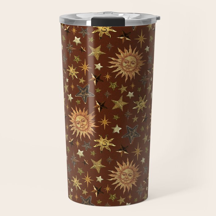 Vintage Star Collage Print in Rust Travel Mug Gallery Image 1