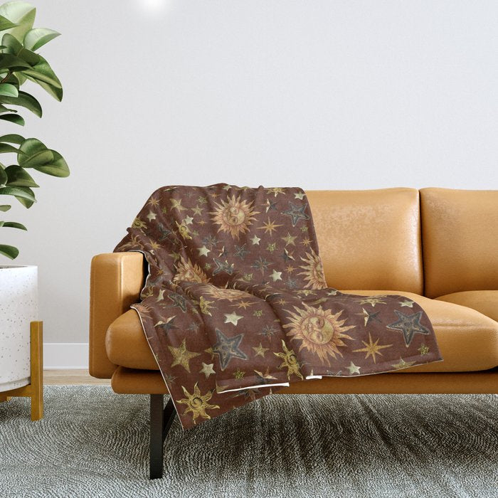 Vintage Star Collage Print in Rust Throw Blanket Gallery Image 1