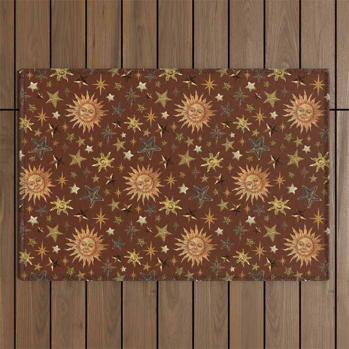 Vintage Star Collage Print in Rust Outdoor Rug Gallery Image 1