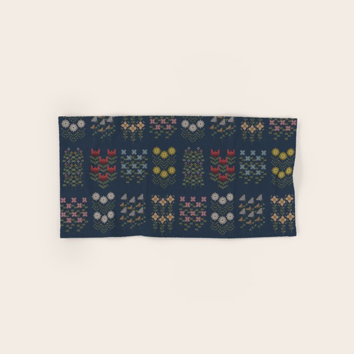 Cross Stitch Floral Navy Bath Towel Gallery Image 1