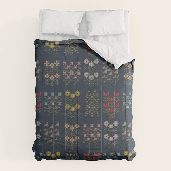 Cross Stitch Floral Navy Comforter Gallery Image 6
