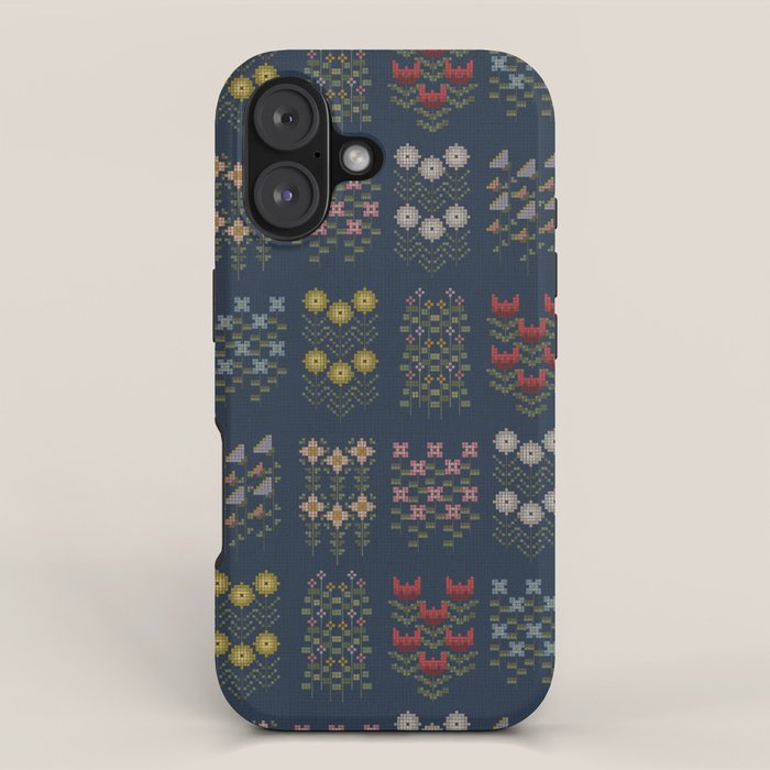 Cross Stitch Floral Navy iPhone Case Gallery Image 1