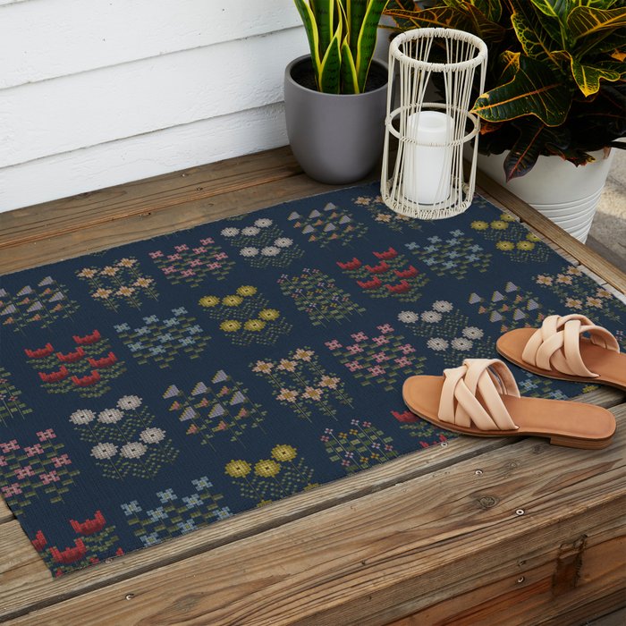 Cross Stitch Floral Navy Outdoor Rug Gallery Image 2