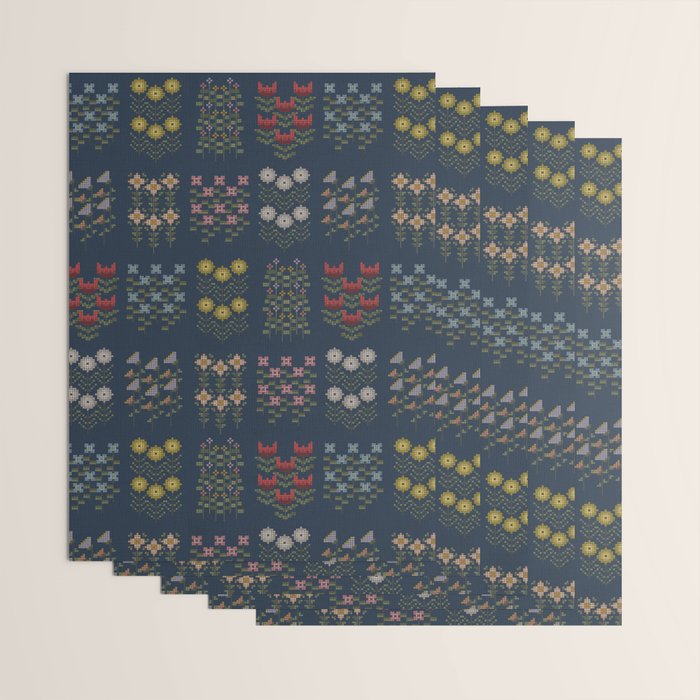 Cross Stitch Floral Navy Wrapping Paper Gallery Image 3