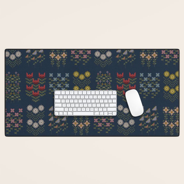 Cross Stitch Floral Navy Desk Mat Gallery Image 1