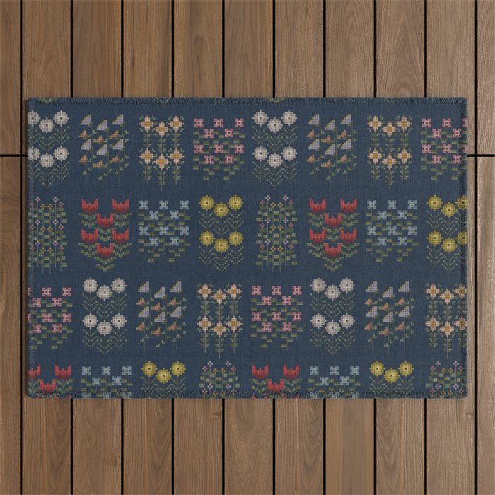 Cross Stitch Floral Navy Outdoor Rug Gallery Image 1