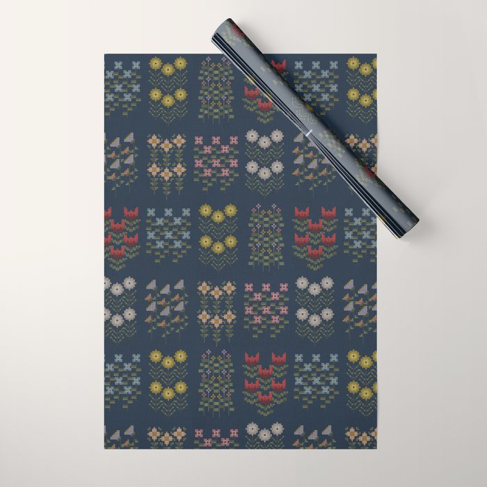 Cross Stitch Floral Navy Wrapping Paper Gallery Image 1