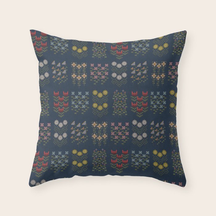 Cross Stitch Floral Navy Throw Pillow Gallery Image 6