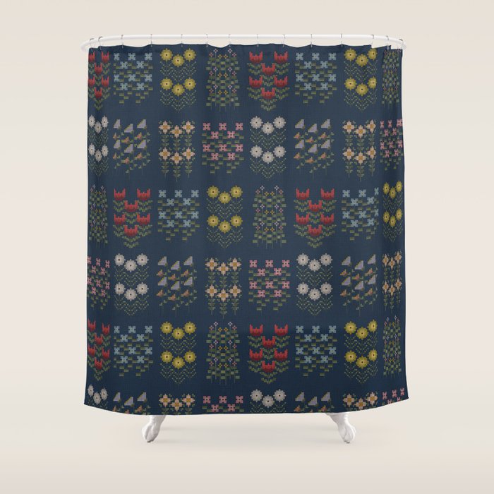 Cross Stitch Floral Navy Shower Curtain Gallery Image 1