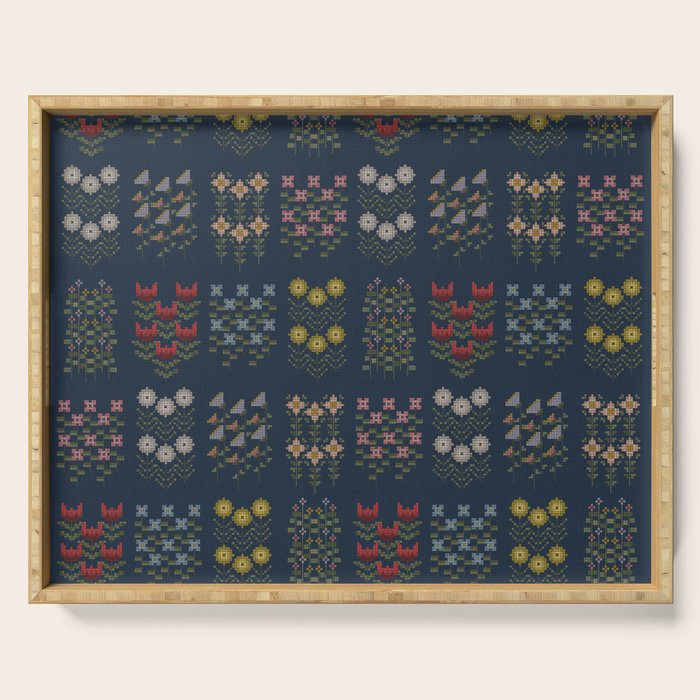 Cross Stitch Floral Navy Serving Tray Gallery Image 1