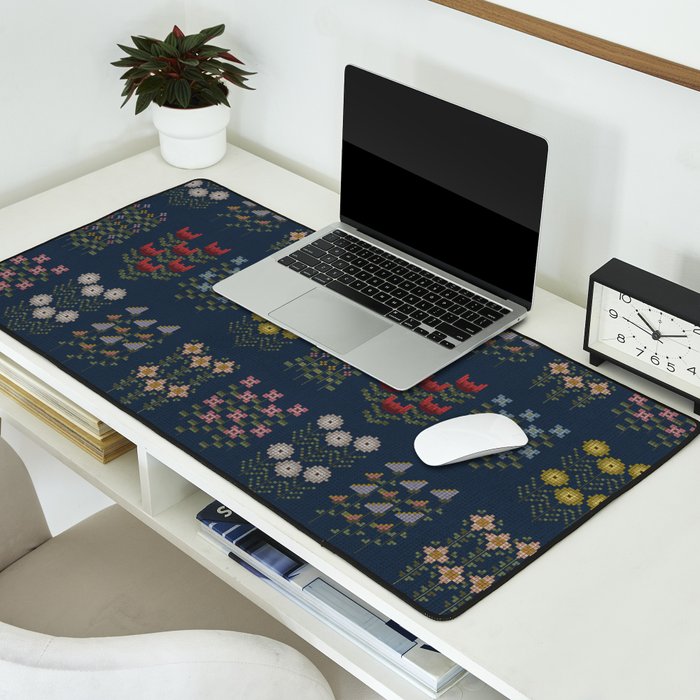 Cross Stitch Floral Navy Desk Mat Gallery Image 2