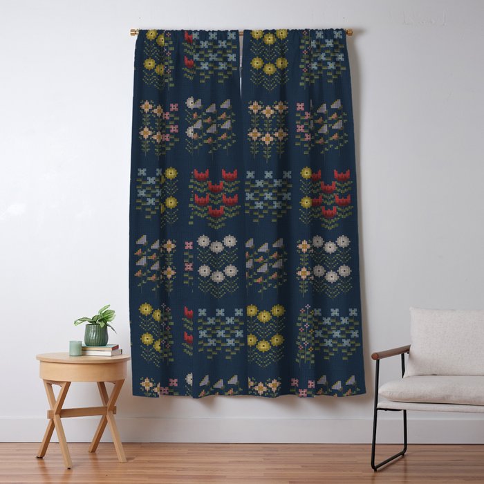 Cross Stitch Floral Navy Window Curtain Gallery Image 5