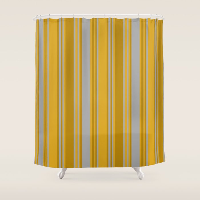 Dark Gray, Dark Goldenrod, and Goldenrod Colored Pattern of Stripes Shower Curtain Gallery Image 1