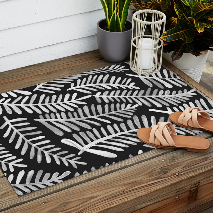 Modern Fronds - White on Black Palette Outdoor Rug Gallery Image 2