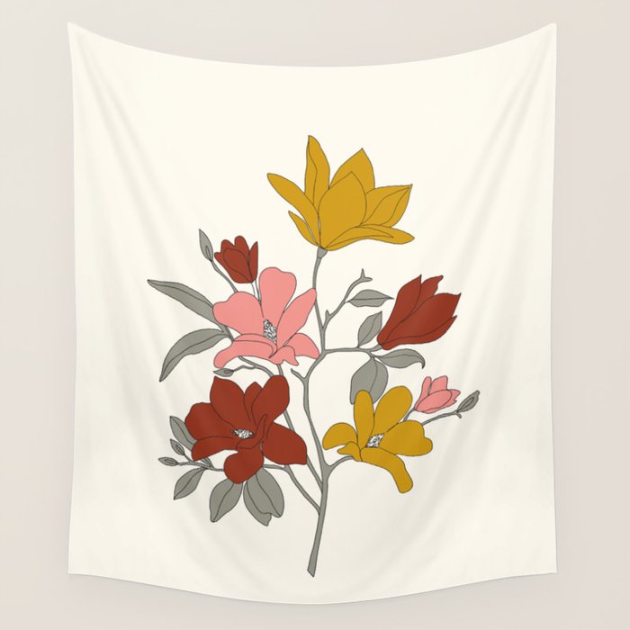 Colorful Minimal Line Art Magnolia Wall Tapestry Gallery Image 4