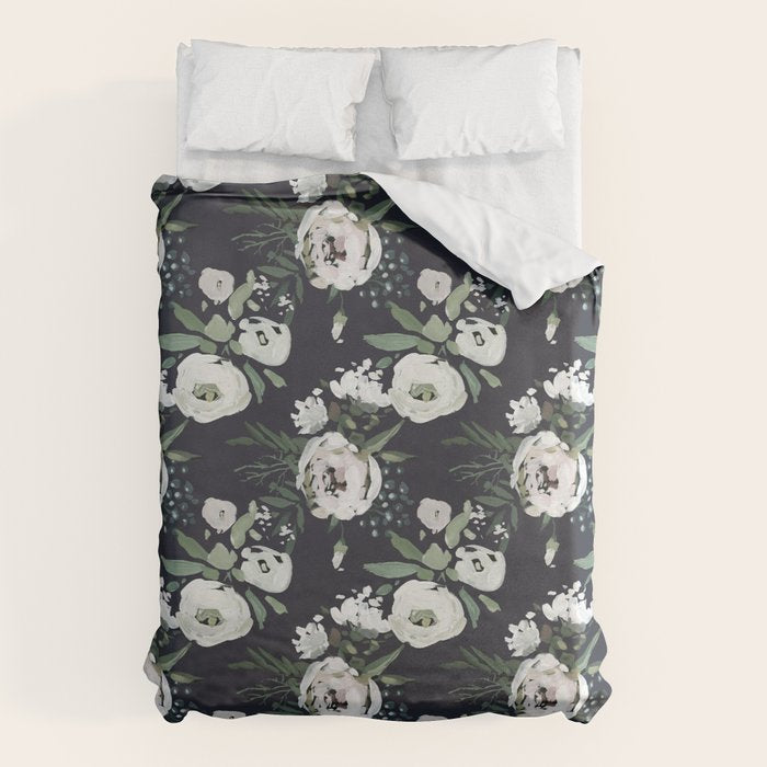 Blush pink white green black watercolor modern floral Duvet Cover Gallery Image 1