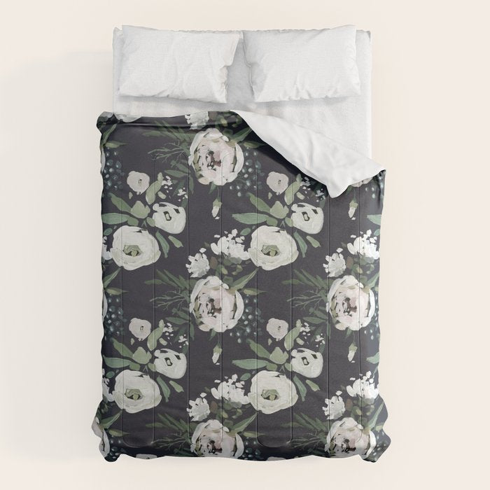 Blush pink white green black watercolor modern floral Comforter Gallery Image 1