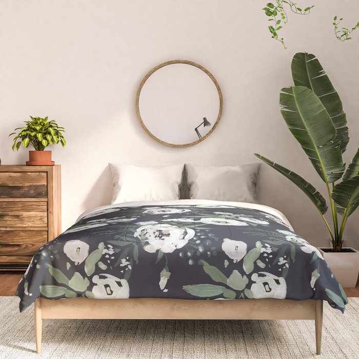 Blush pink white green black watercolor modern floral Comforter Gallery Image 3