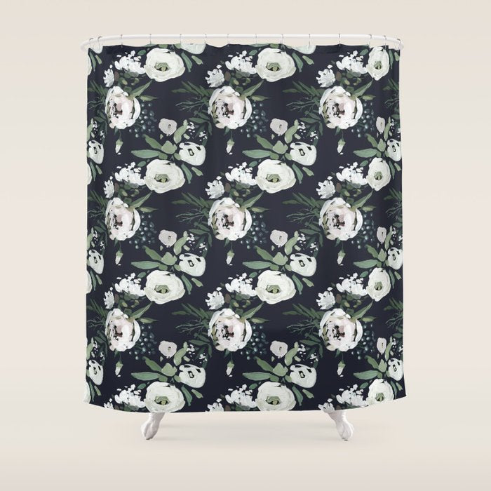 Blush pink white green black watercolor modern floral Shower Curtain Gallery Image 1