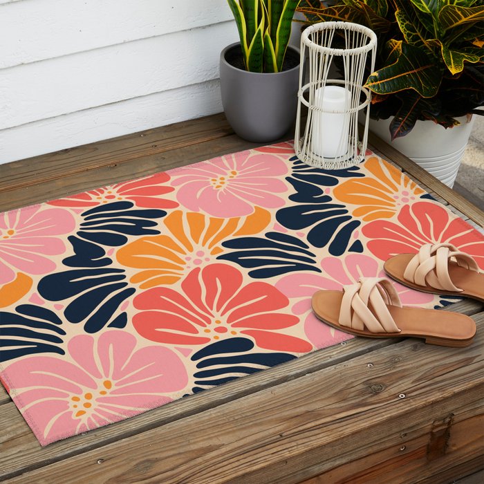 Abstract vintage flower art pattern Outdoor Rug Gallery Image 2