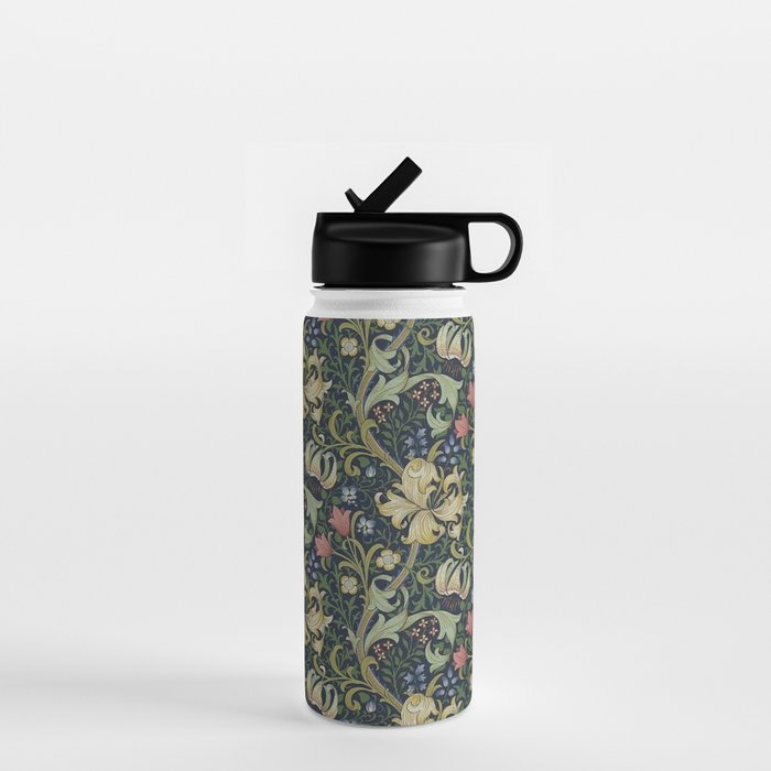 William Morris Golden Lily Midnight Green Vintage Pattern Water Bottle Gallery Image 1