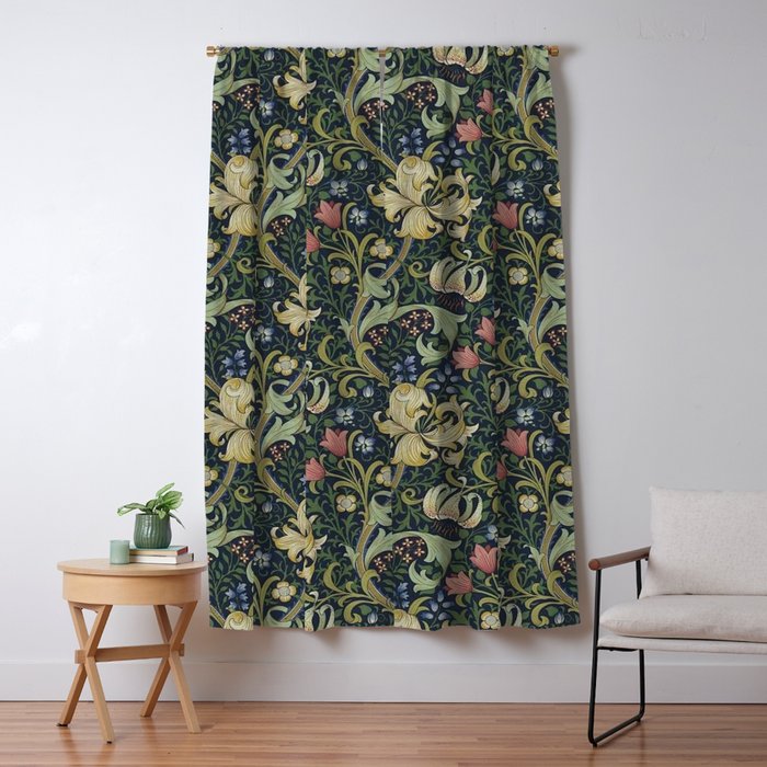 William Morris Golden Lily Midnight Green Vintage Pattern Window Curtain Gallery Image 1