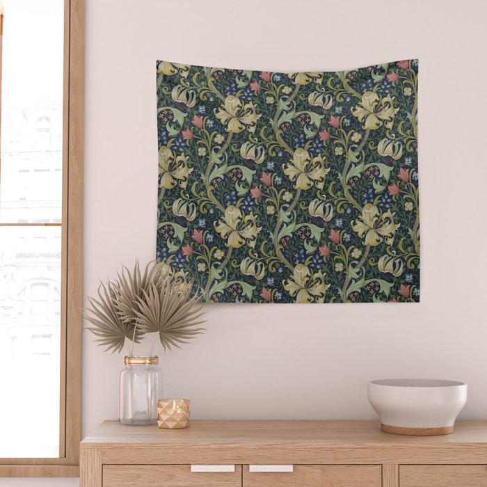 William Morris Golden Lily Midnight Green Vintage Pattern Wall Tapestry Gallery Image 2