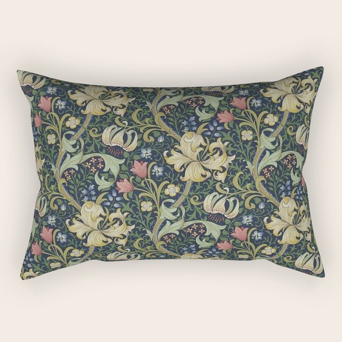 William Morris Golden Lily Midnight Green Vintage Pattern Rectangular Pillow Gallery Image 1