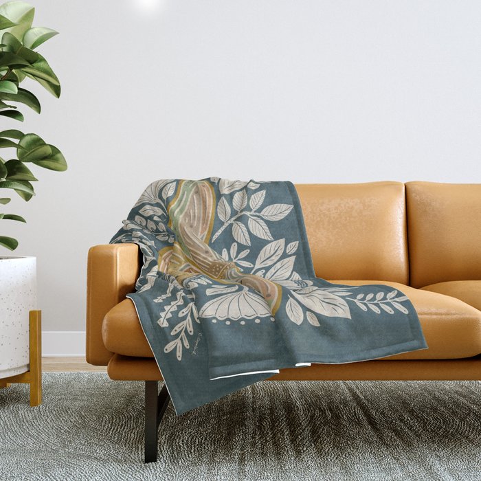 Moth Floral | Gold, Blue-Green Throw Blanket Gallery Image 1
