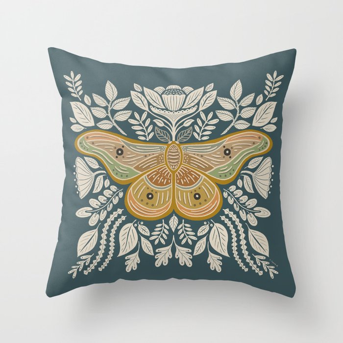 Moth Floral | Gold, Blue-Green Throw Pillow Gallery Image 6