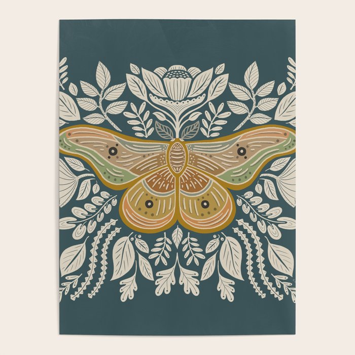Moth Floral | Gold, Blue-Green Poster Gallery Image 4