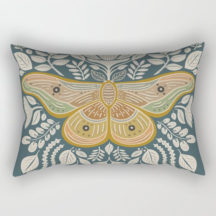 Moth Floral | Gold, Blue-Green Rectangular Pillow Gallery Image 2