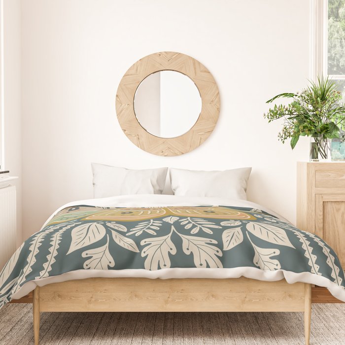 Moth Floral | Gold, Blue-Green Duvet Cover Gallery Image 3